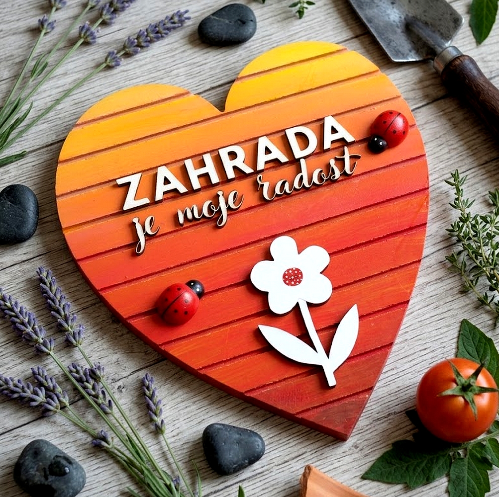 Dřevěná cedule „Zahrada je moje radost“ – srdce s 3D efektem
