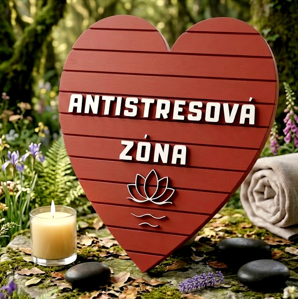 Dřevěné srdce „Antistresová zóna“ s lotosovým květem
