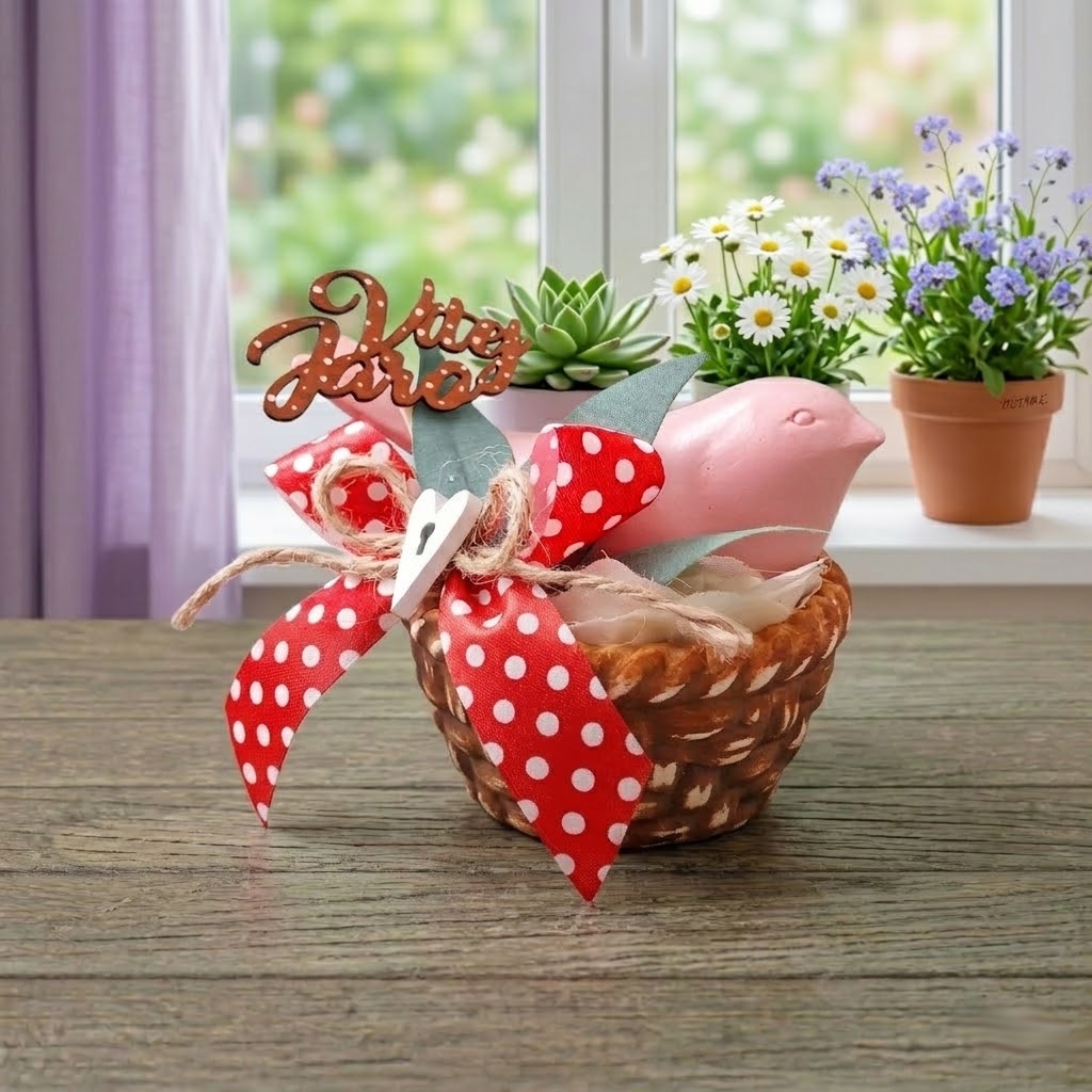 Jarní dekorace Ptáček v košíčku s mašlí
