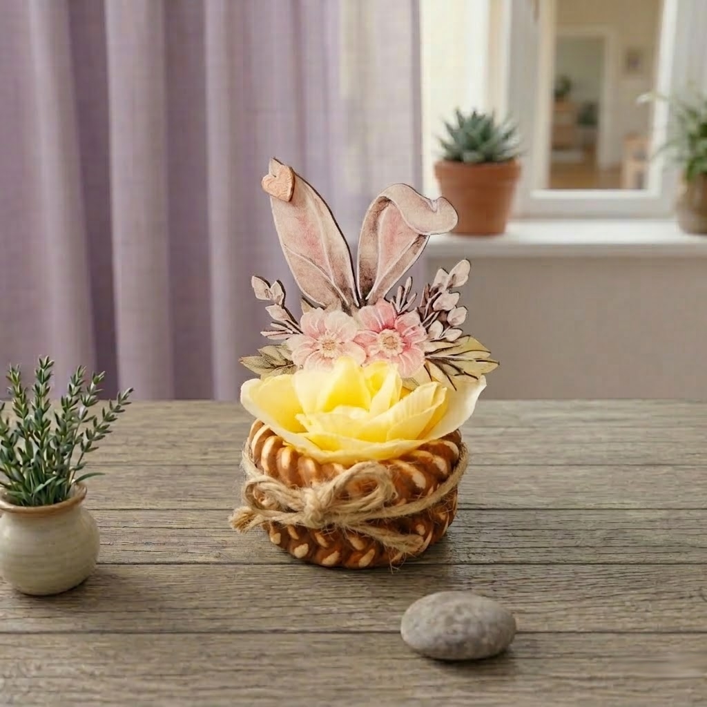 Jarní dekorace se zajíčkem a žlutou růží