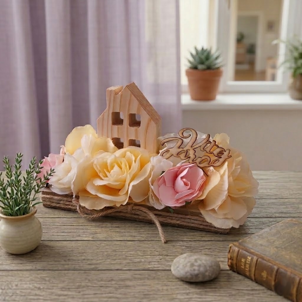 Jarní dekorace s domečkem a látkovými květy