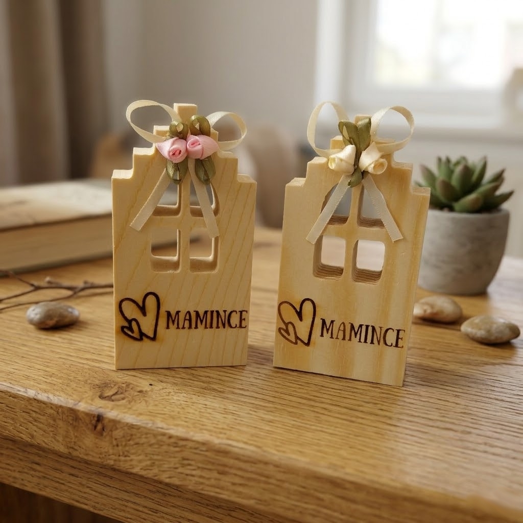 Dřevěná dekorace s gravírováním: Domeček „Mamince“