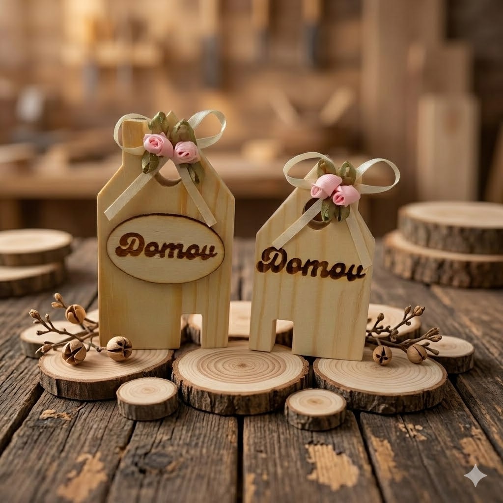 Dřevěná dekorace s gravírováním: Domeček „Domov"  - cedulka