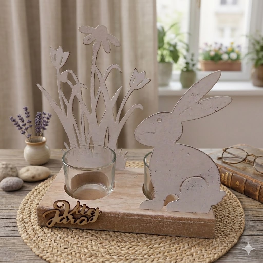 Jarní svícen na dřevěném podstavci: Zajíček v květinách