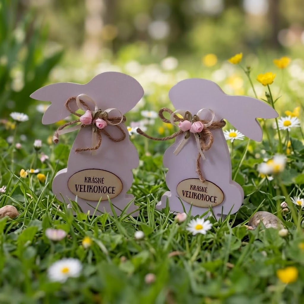 Zajíček bílý stojící s růžovou květinou