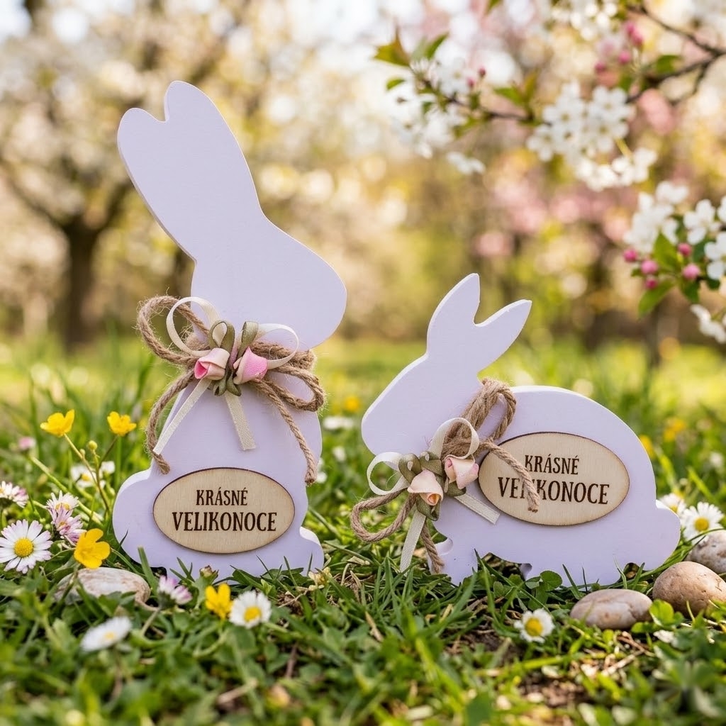 Zajíček bílý stojící s béžovou květinou