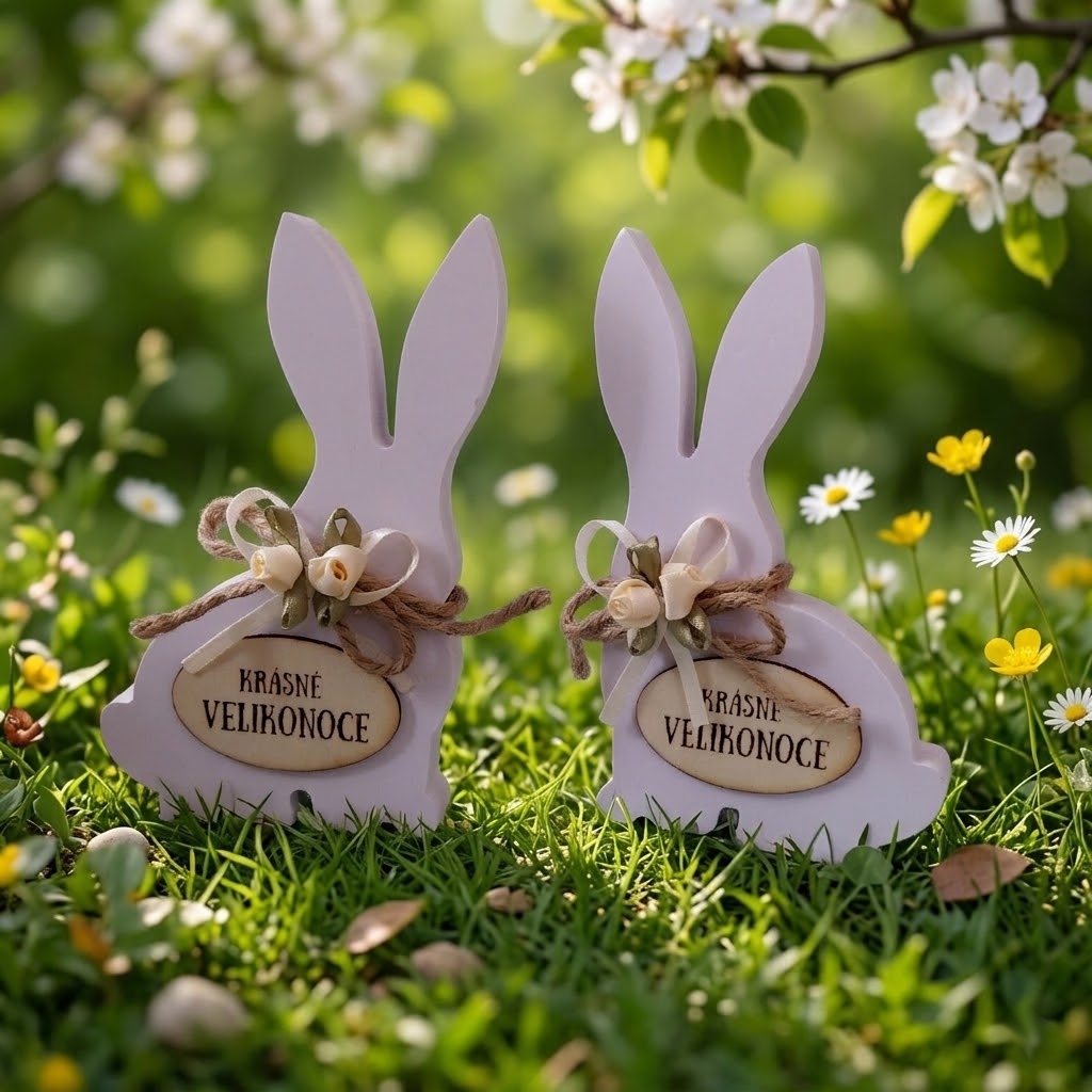 Zajíček bílý sedící s béžovou květinou